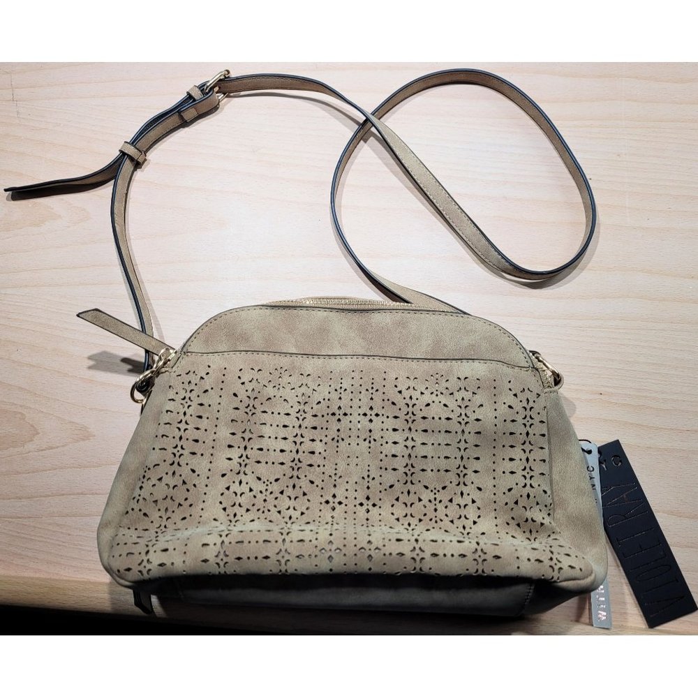 New Violet Ray Purse Tan Faux Leather Lasercut Crossbody Shoulder Bag